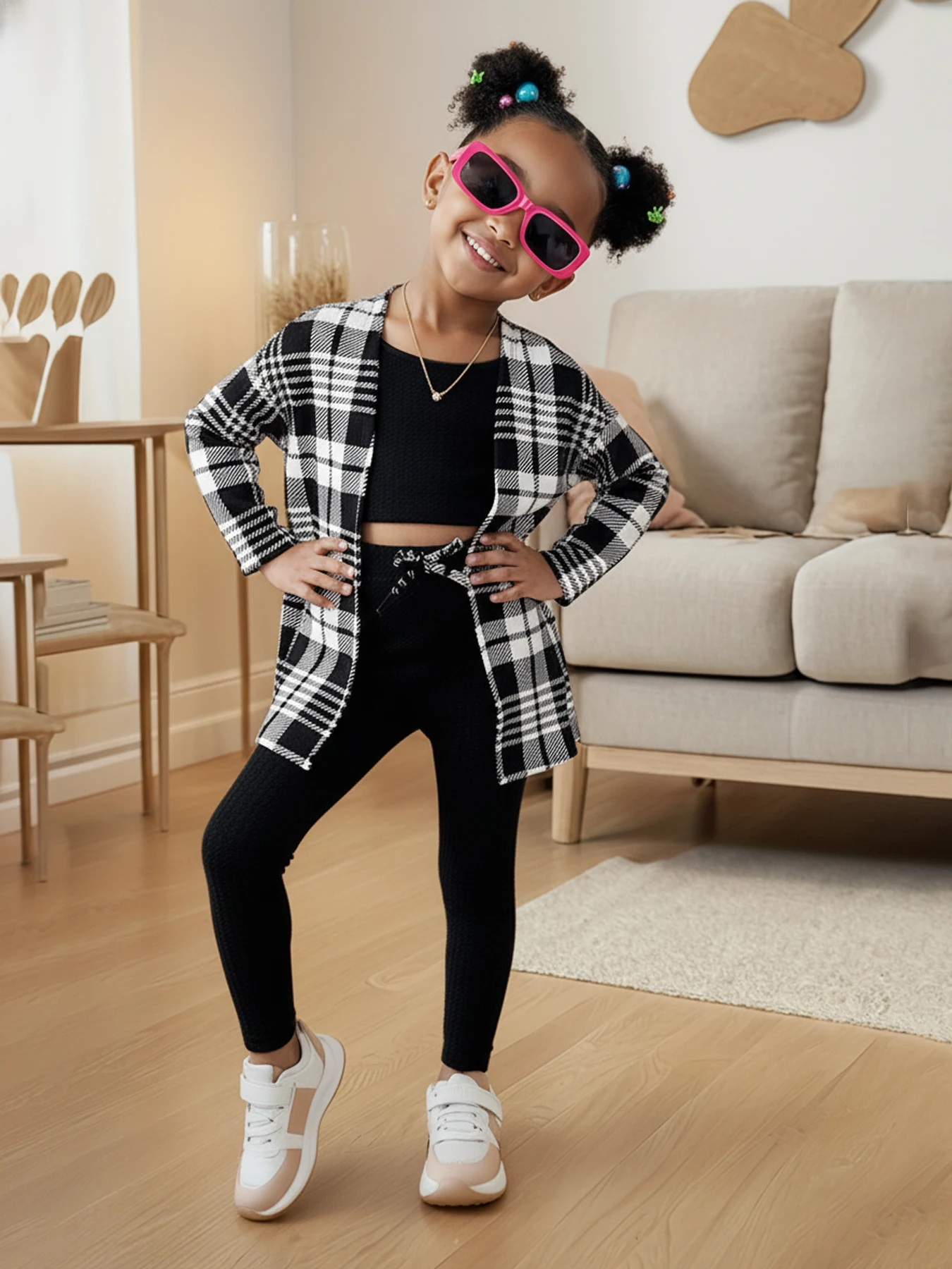 Girls 3 Piece Plaid Outfit Plaid Open Front Coat & Waffle Crop Top & Tie Waist Leggings Kids Casual Streetwear Set