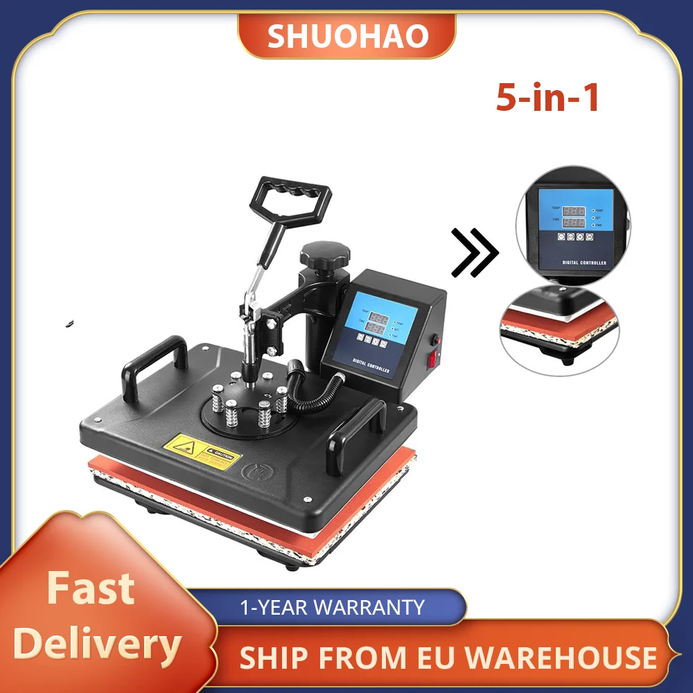 SHUOHAO 5-in-1 Combo Heat Press Printer 30*38CM 1250W Sublimation Heat Press Machine for T-shirts Plates Cap Mug LCD Control