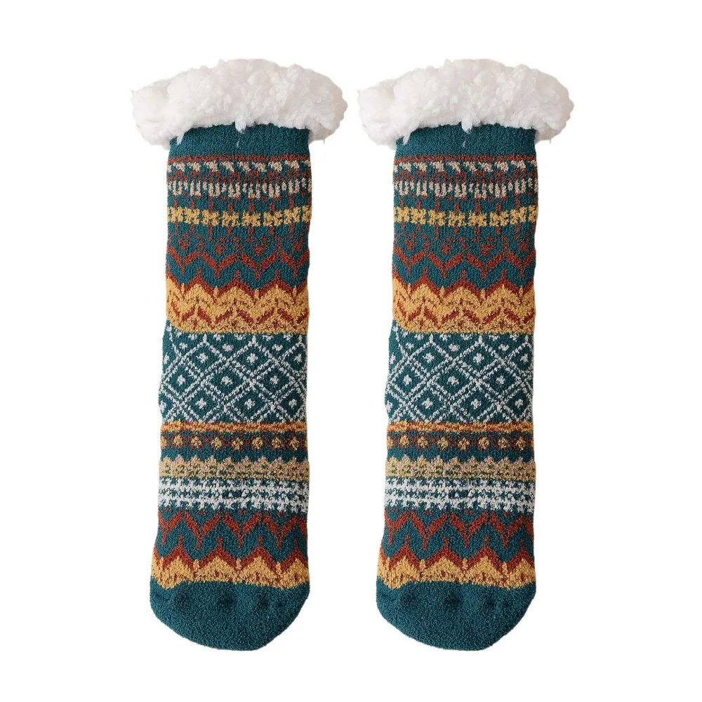 

Patchwork Fleece Socks Women Anti Slip Mid Tube Winter Floor Socks Ethnic Style Hosiery Thicken Velvet Socks Women Men
