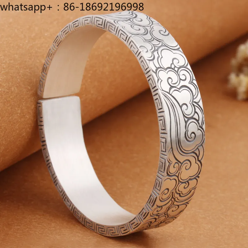 Handmade Carved Silver Bracelet 999 Sterling Silver Auspicious Cloud Retro Wide Version Solid Opening