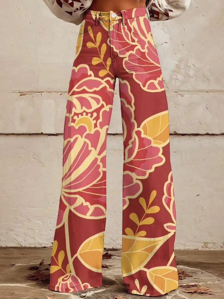 

Floral Print Wide Leg Jeans For Women Plus Size Casual Summer Autumn