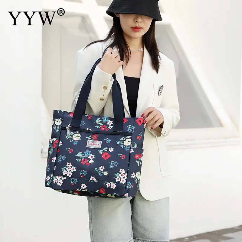 Women Casual Nylon Single Shoulder Handbag Large Capacity Floral Printing Waterproof Zipper Multi Pocket Lady Storage Tote Bag