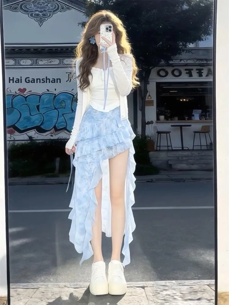Early Summer Beautiful Dress Set Unique Sweet Dopa A-Line Skirt High Waist Elastic Waist Casual Commute Korean Style