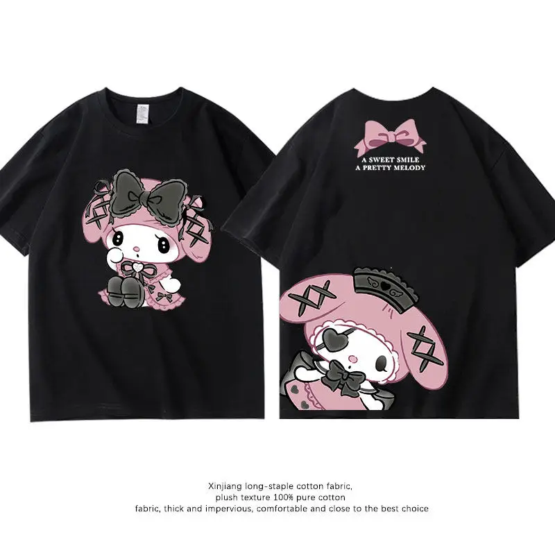 

Детская футболка черного цвета Sanrio Meileti Co, корейская версия, из чистого хлопка, с двусторонним принтом, для родителей и детей, с круглым вырезом.