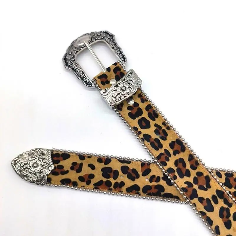 

31BB Fashion Leopard Belt for Female Engraved Buckle Waistband Ethnic Waistbelt Beaded Trim Belt Aesthetic Waist Belt
