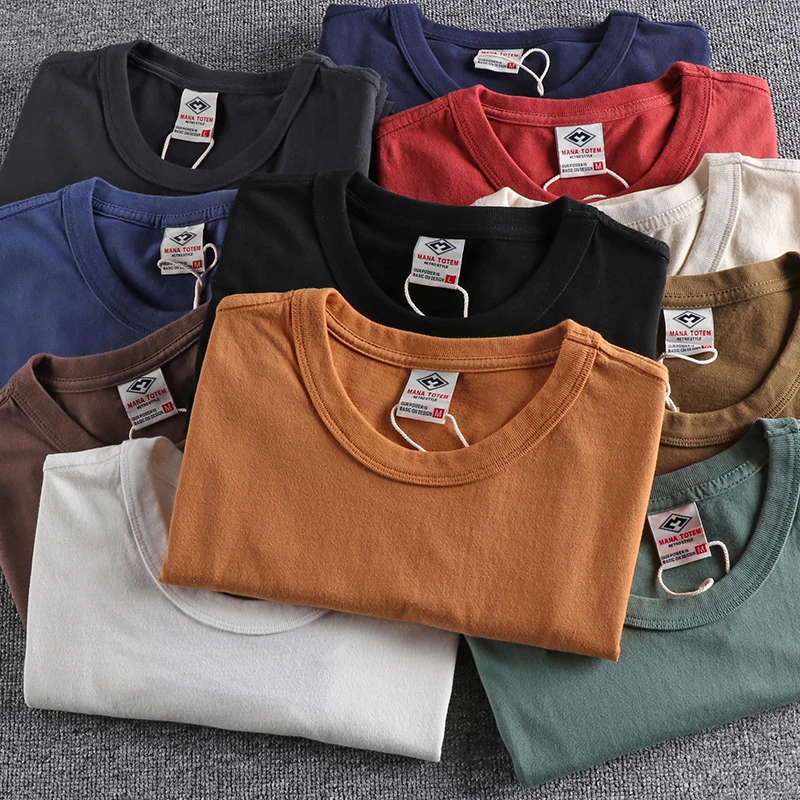 

Summer New American Retro Short-sleeved O-neck Solid Color T-shirt Men's Fashion Simple 100% Cotton Washed Old Loose Casual Tops