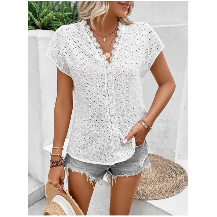 Women\'s Blouse White Lace Splicing Shirt Simple V Neck Tops Elegant Shirts and Blouses Deals Summer Youthful Woman Clothes 2024