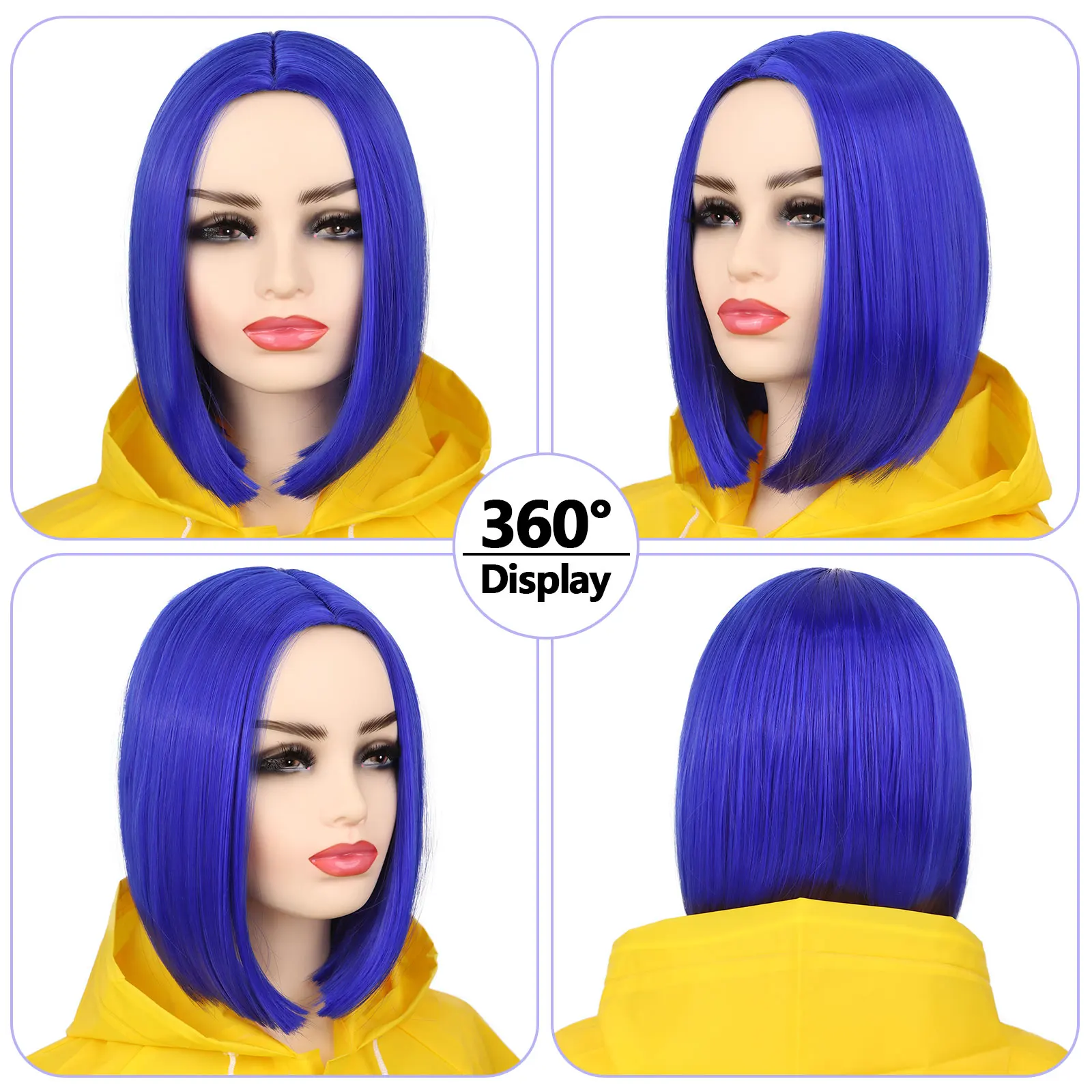 Synthetic Coraline Blue Wig Short Straight Bob Wig Heat Resistant Synthetic Wigs for Halloween Cosplay Party