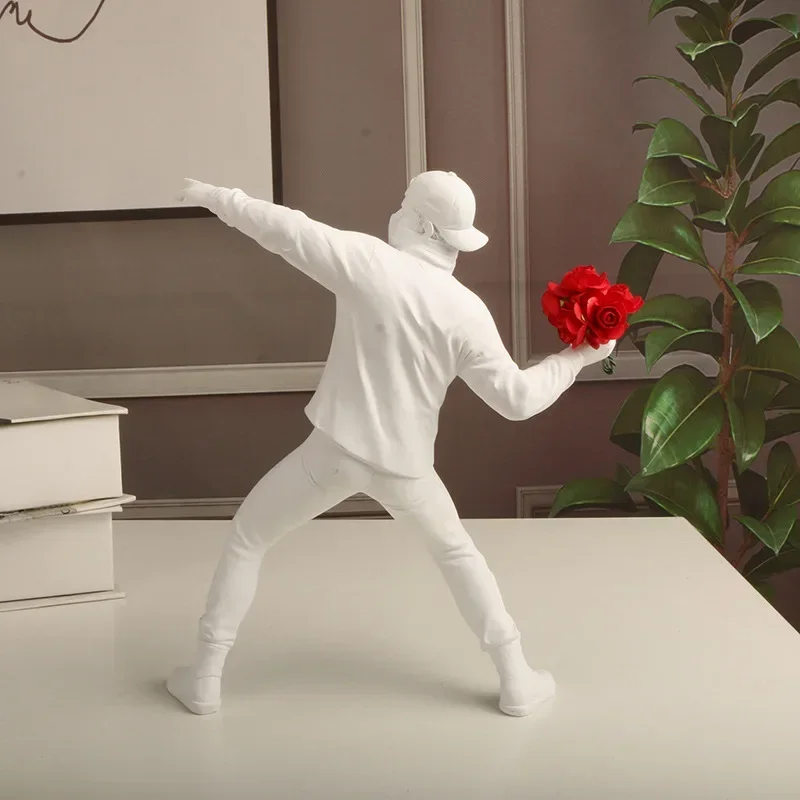 Banksy Statues Throw Flower Boy  Modern Banksy Crafts Living Room Decoratio Resin Sculpture Art Designer Figurinesn House Decor