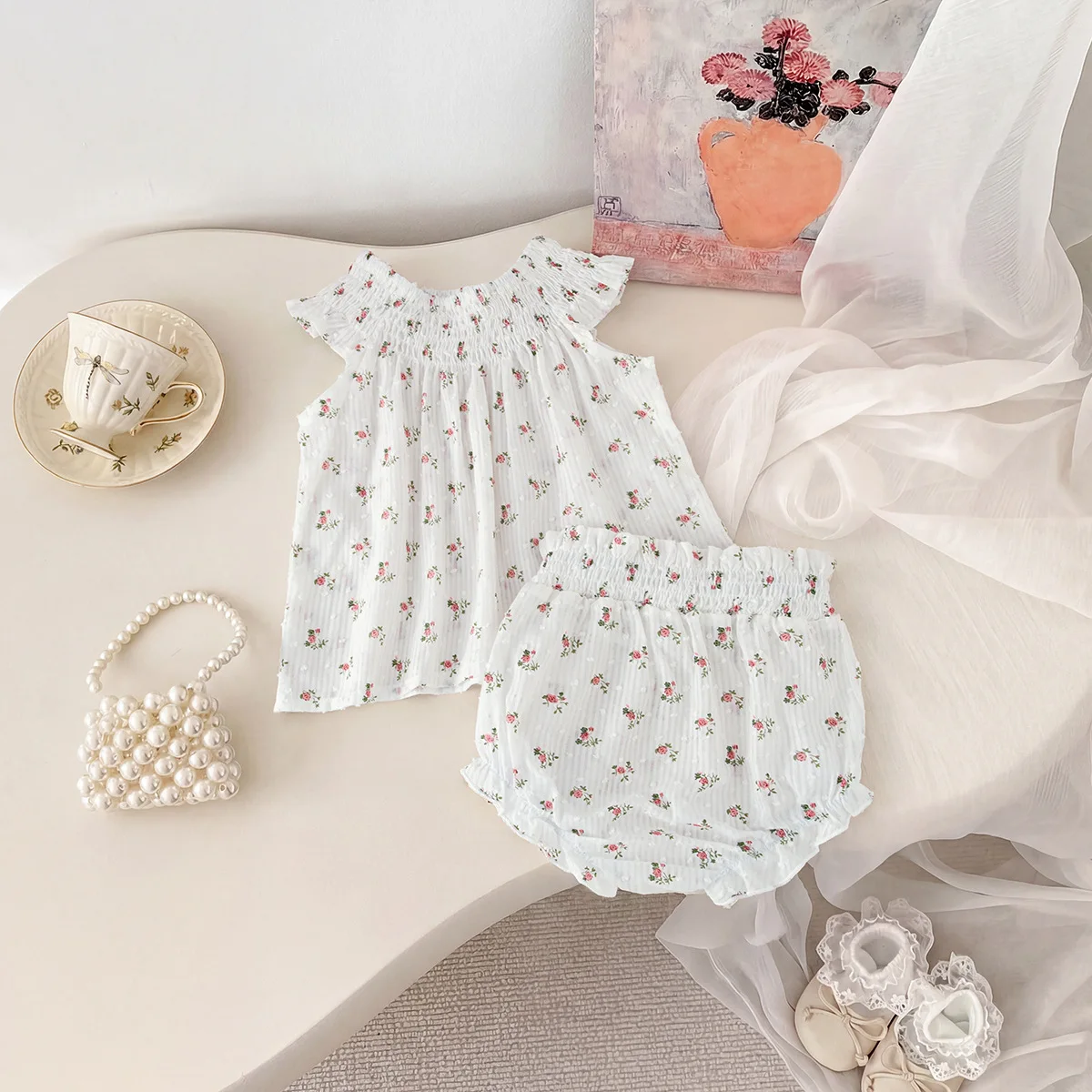 2026 Summer New Girls Flying Sleeve Floral Tops + Shorts 2pcs Suit Baby Girl Cute Sweet 3d Rose Clothes Set Toddler Outfits