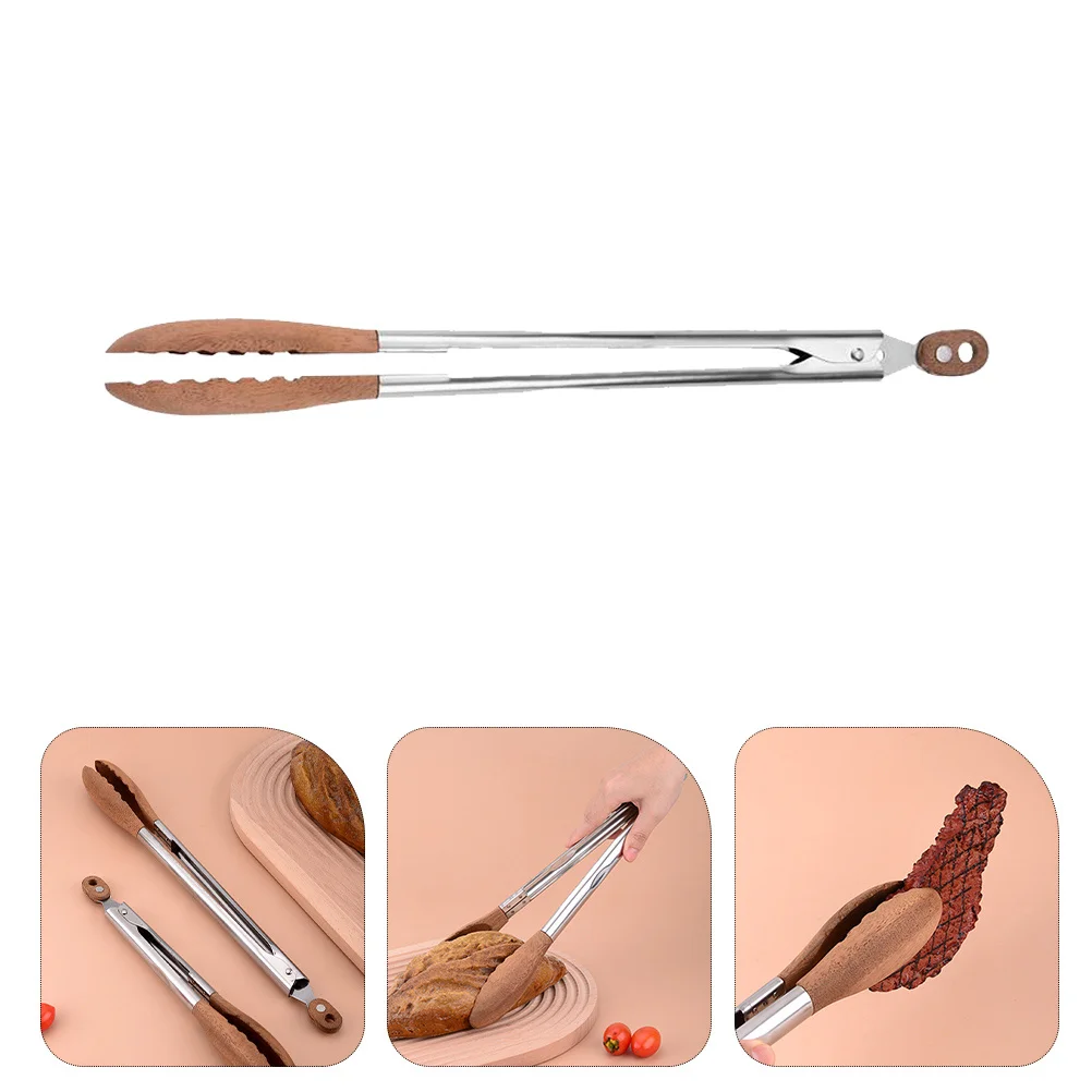 

Walnut Wood Stainless Steel Food Tongs Kitchen Utensils Buffet Bbq Grilling Salad Serving Cooking Steak Clip