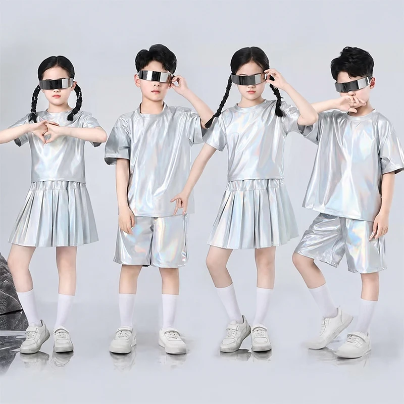

Boys And Girls Hip-hop Silver Color Jazz Dance Set Children Performance Jazz Dance Catwalk Fashion Runway Street Dance Costume