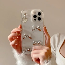 Korea Love Heart Pendent 3D Silver Bowknot Case For Iphone 15 14 13 12 11 Pro XS Max MiNi Plus X XR Girl Clear Cover Epoxy Shell