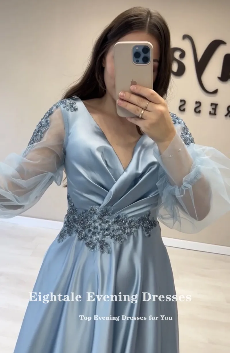 Eightale Blue Evening Dresses for Wedding Satin V-Neck Appliques Beaded Prom Gowns Arabic Customized Party Dress robes de soirée