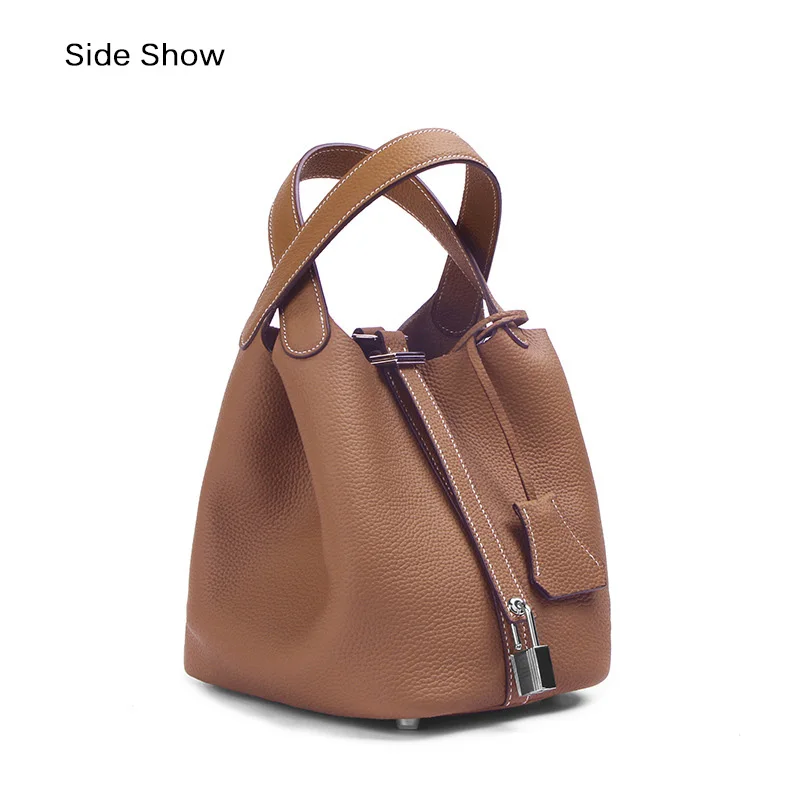 18/22cm Luxury Genuine Leather Handbag Women Tote Bags With Silver-tone Lock Soft First Layer Of Cowhide Bucket Bag Without Logo