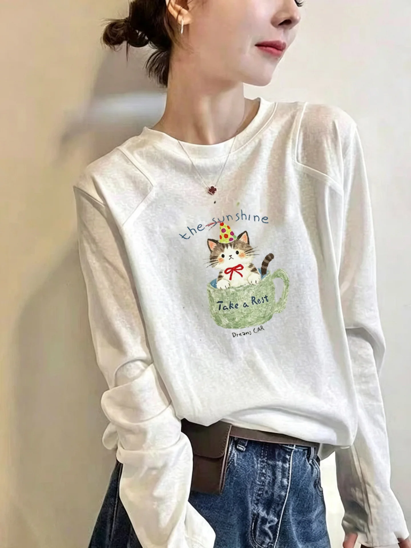 Retro Korean Cartoon Print Long Sleeve Snowflake Cotton Loose Thin Women's T-shirt Autumn New Style Base Layer Top