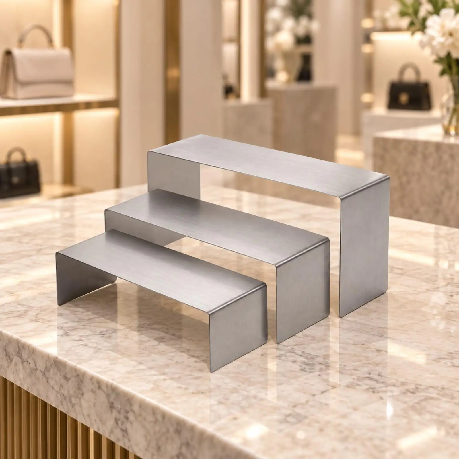 Three Level Stepped Display Rack Stainless Steel Riser for Counter Island Display Handbag Organizer Stand