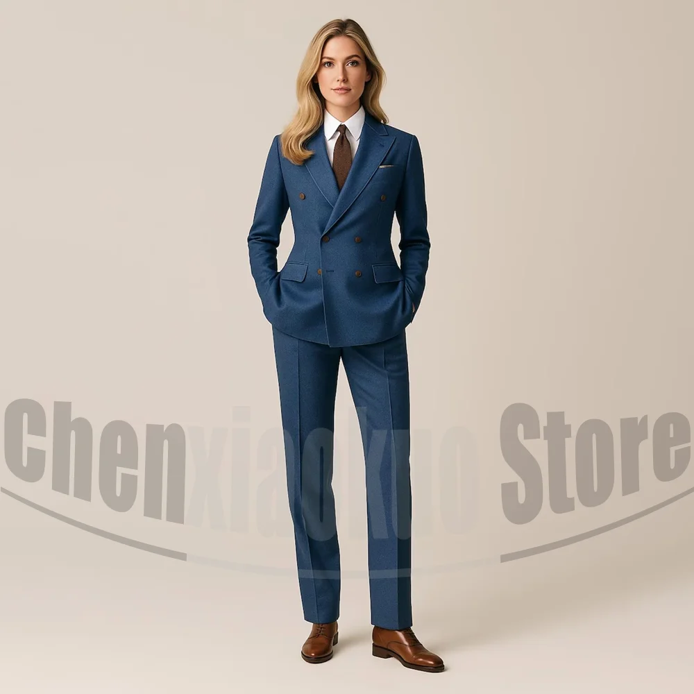 Chic Denim Women Suit Double Breasted Peak Lapel Outfit 2 Piece Blazer Pants Formal Office Lady Business Casual Slim Suits
