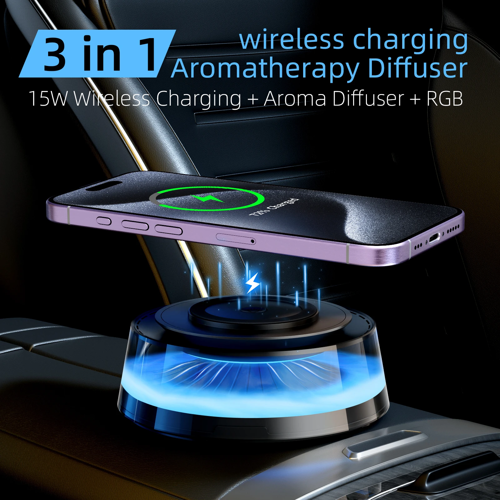 3-in-1 Car Diffuser with 15W Fast Wireless Charger (Qi/Phones) + RGB Lighting | Auto On/Off via Motion | Essential Oils, Magneti