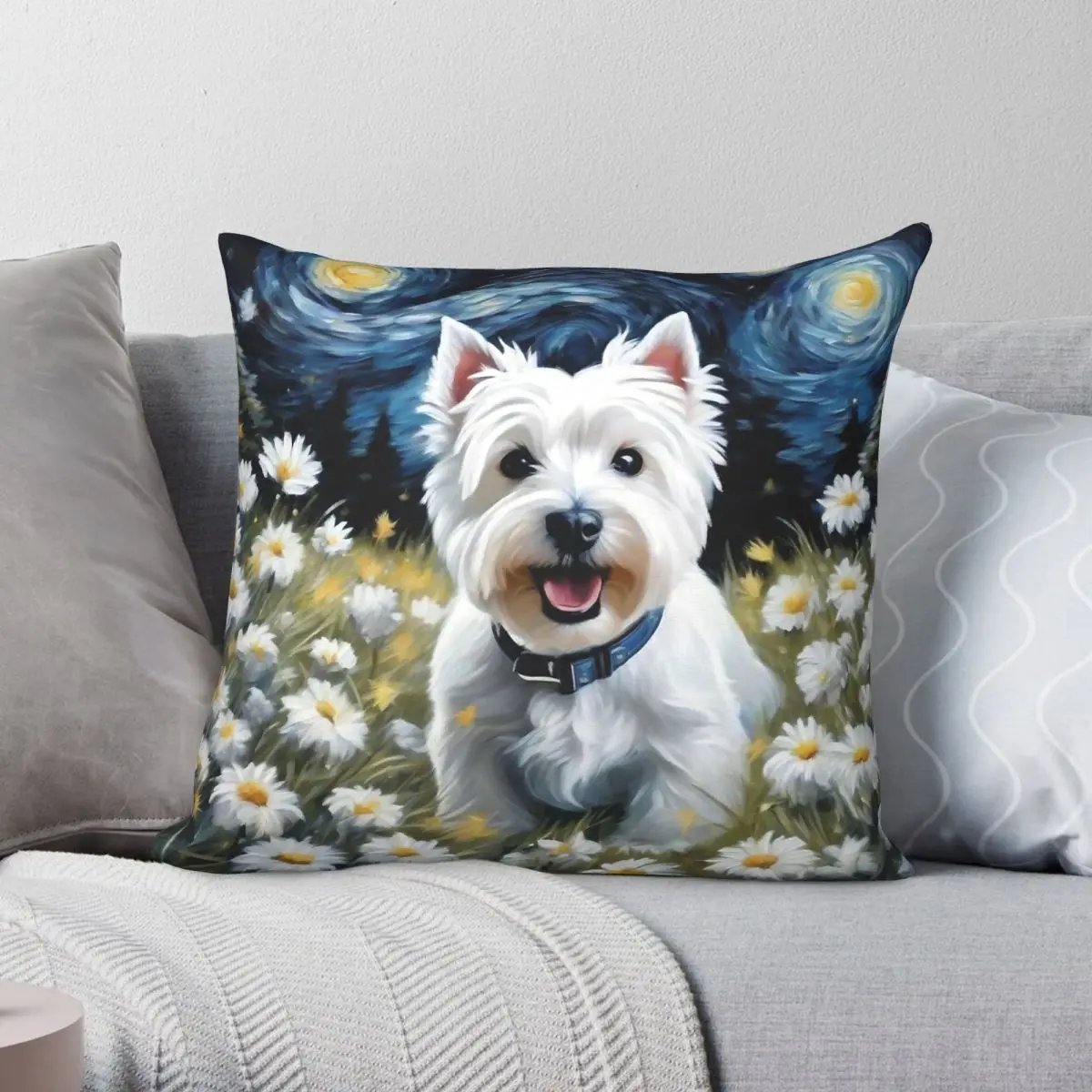 Starry Night West Highland White Terrier Square Pillowcase Polyester Linen Velvet Pattern Zip Decorative Sofa Cushion Case