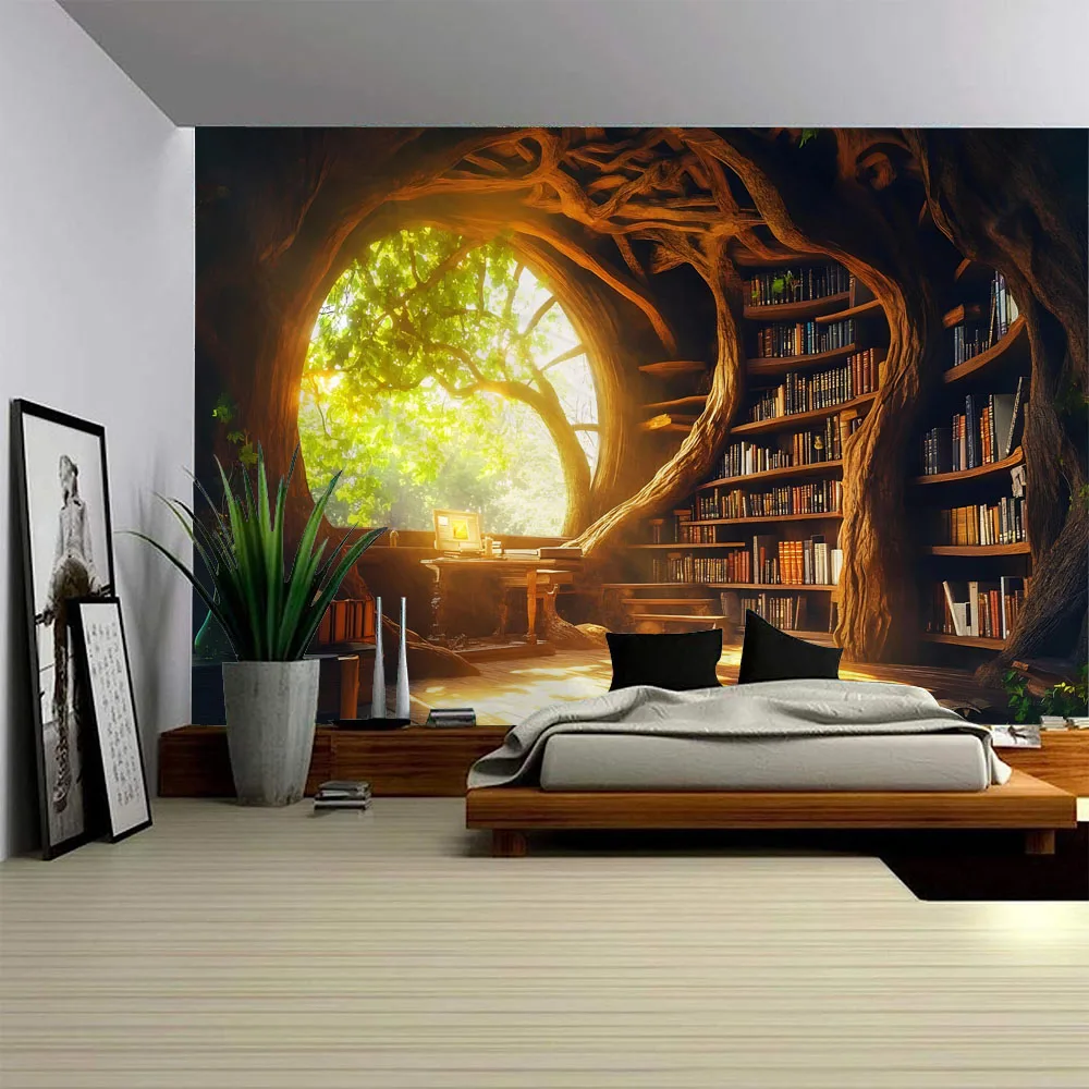 Wall Mounted Tree Shaped Bookshelf Large Forest Tapestry Retro Fantasy Fairy Tale Themed Library Home Decor Poster with Treehous