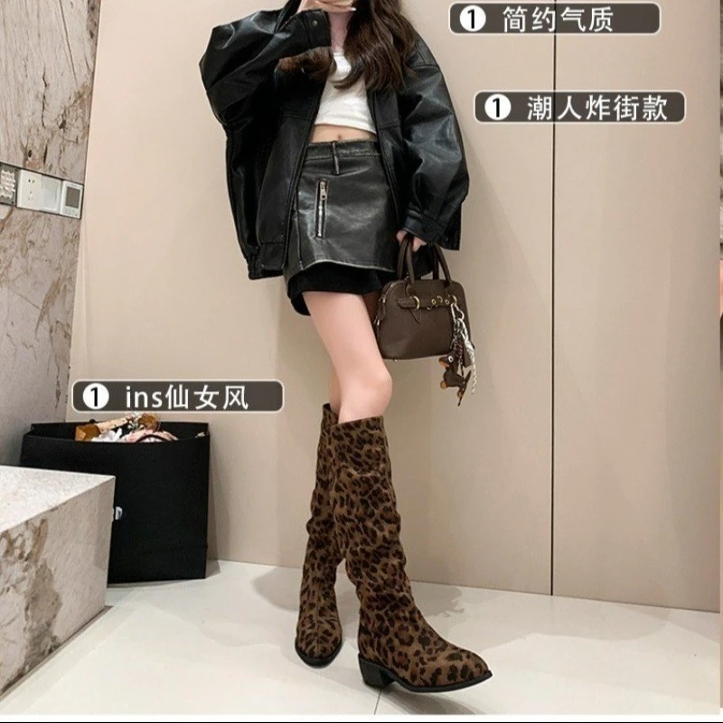 Retro Suede Leopard Print High-heeled Long Boots for Women, 2026 New Style, Suitable for Autumn and Winter, Chunky Boots