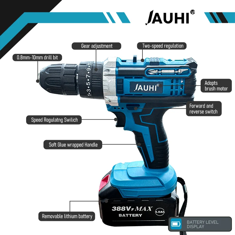 JAUHI 20+3 Torque 10mm Brushed Cordless Electric Impact Drill Electric Screwdriver Home DIY Power Tools For Makita 18V Battery