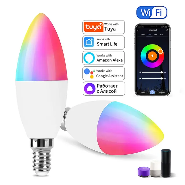 220V 5W 7W 9W Tuya WiFi Smart Bulb E14 Candle Light Dimmable RGB Lamp Smart Life APP Alexa Google Assistant Home Voice Control