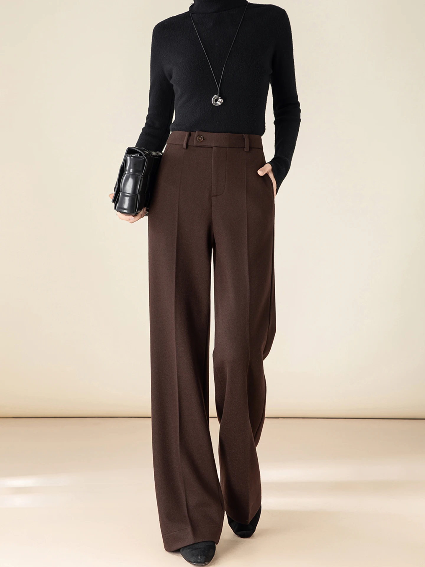 

Autumn Winter Women's Straight Leg Woolen Suit Pants Thiened Knitted Casual Wide Leg Pants High Waist Zipper Closure Long T...