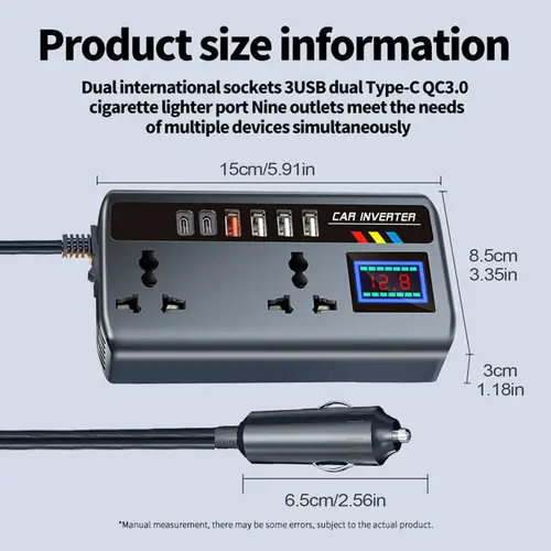 Imagen 2 del producto Convertidor para salida de coche para coche, puertos de carga rápida de 12V/24V a 220V, inversor de cargador automotriz portátil, 3 puertos USB para adultos