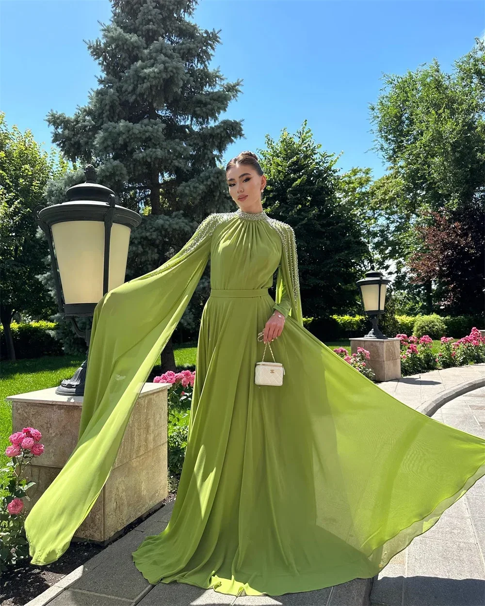 Customized Formal Dress Saudi Arabia Evening High Collar A-line Floor Length Sequin Skirts Draped Knot Tulle Ribbon Bead Bespoke