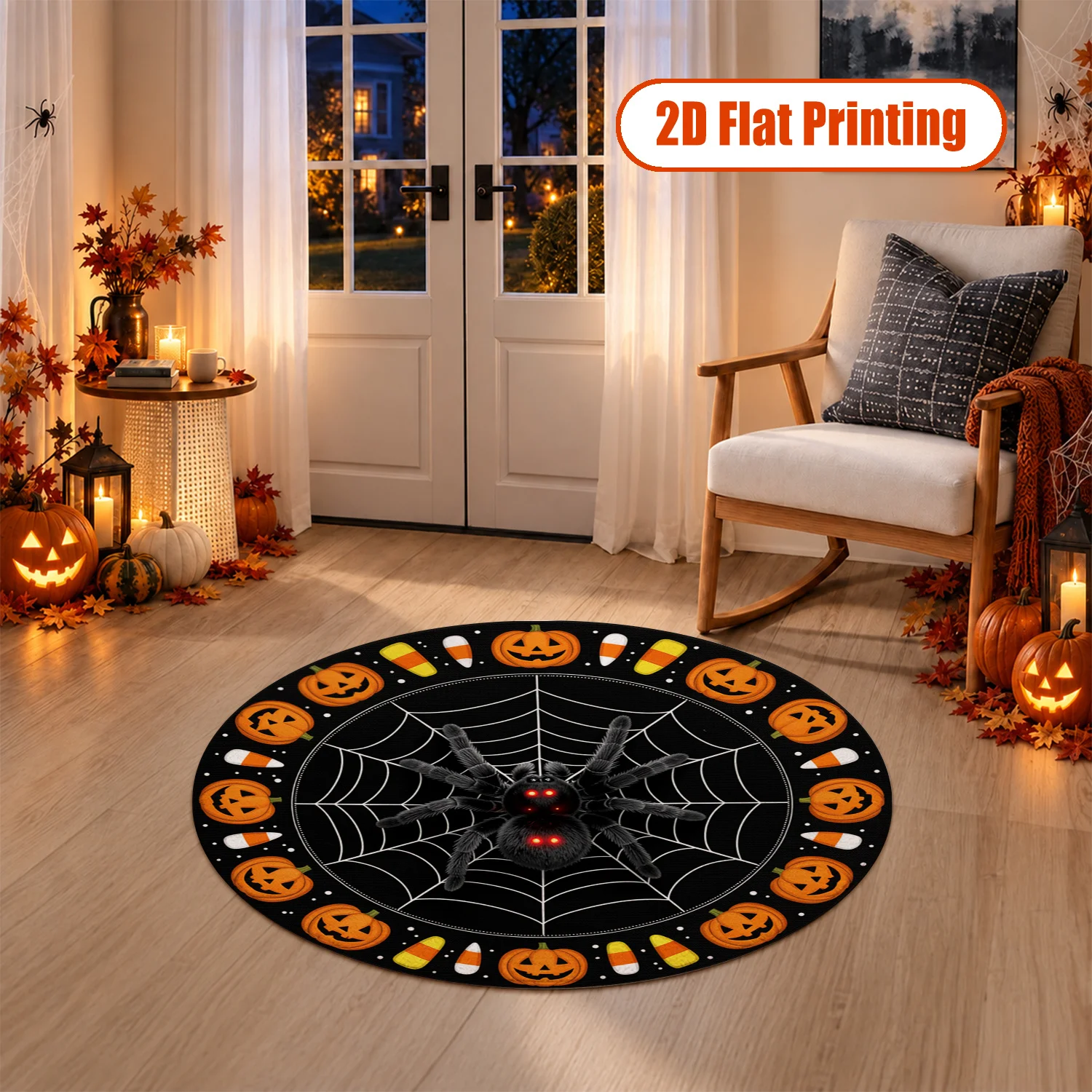 Halloween Pumpkin Spider Web Pattern Round Velvet Rug, Machine Washable, Stays Firmly In Position, Ideal for Living Room, Bedroom, Entryway, Dining Room, Perfect for Halloween, Thanksgiving, Christmas, New Year, Black Friday, Cyber Monday Decor