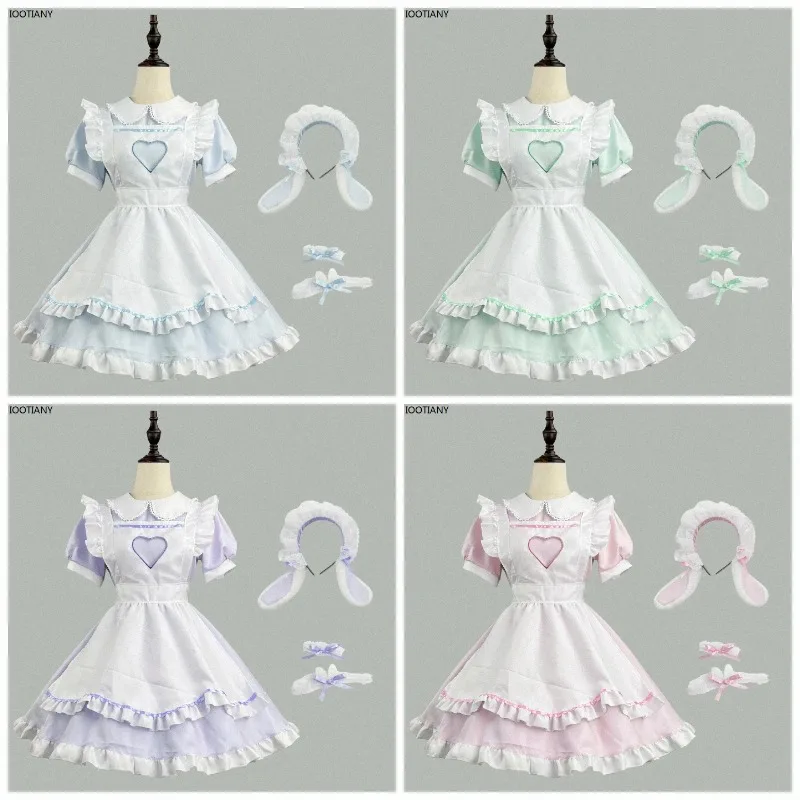 IOOTIANY Japanisches Anime Süßes Dienstmädchen-Uniform Cosplay Damen Kawaii Lolita Kleid Halloween Niedliches Café-Kellnerin Bühnenauftritt-Set