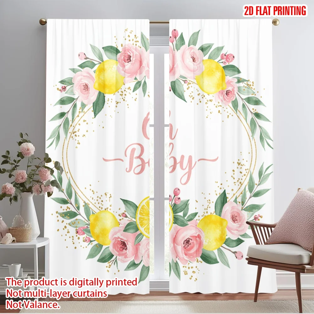 

2pcs 2D flat printing Window Curtains Lemon Floral Oh Baby Polyester Without Electricity Birthday Party Perfect for Home & Party