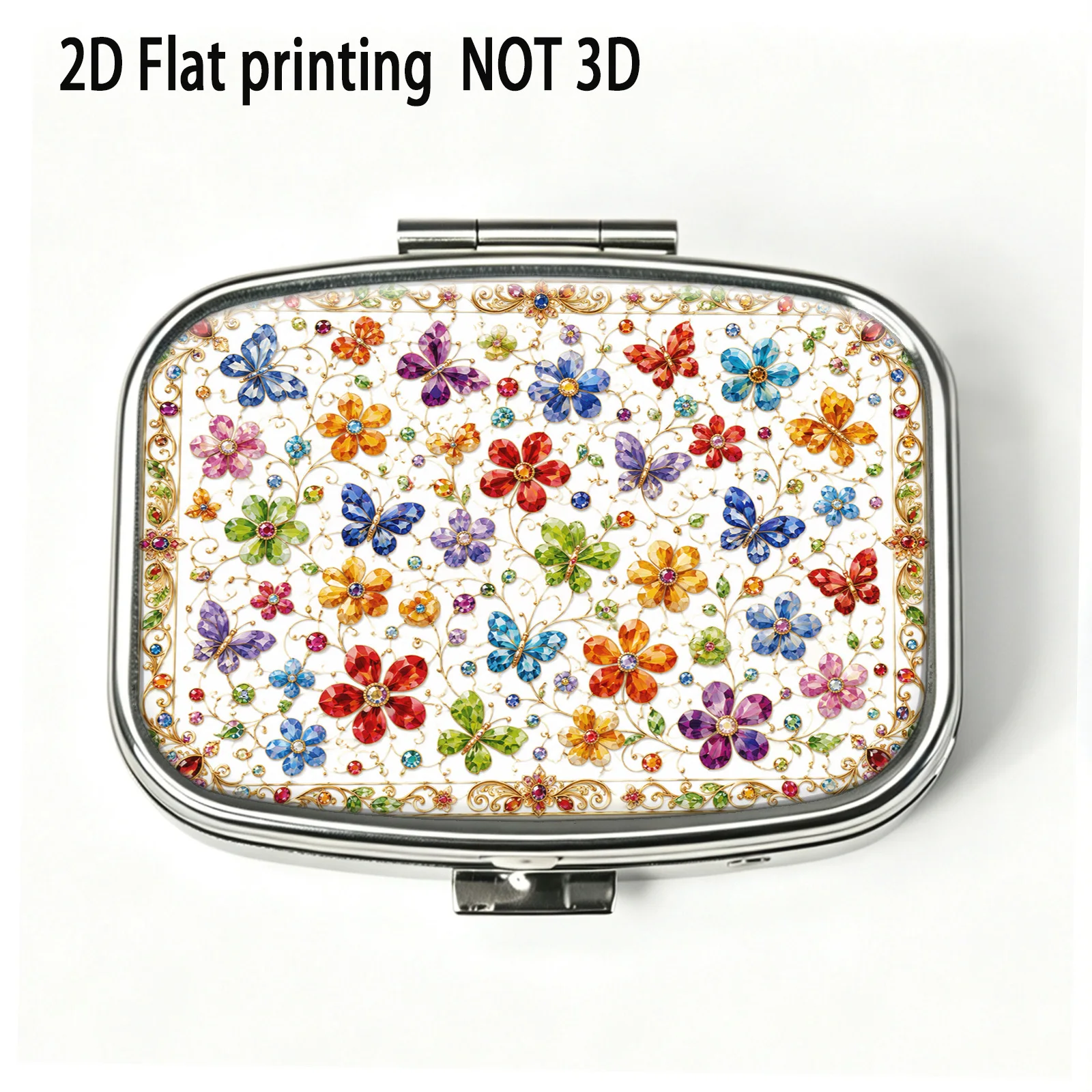 Single-piece, flat, colorful wildflower pattern square double-compartment storage box, used for storing capsules, creating a festive atmosphere, decorative metal pill box, can store medicines and vitamins