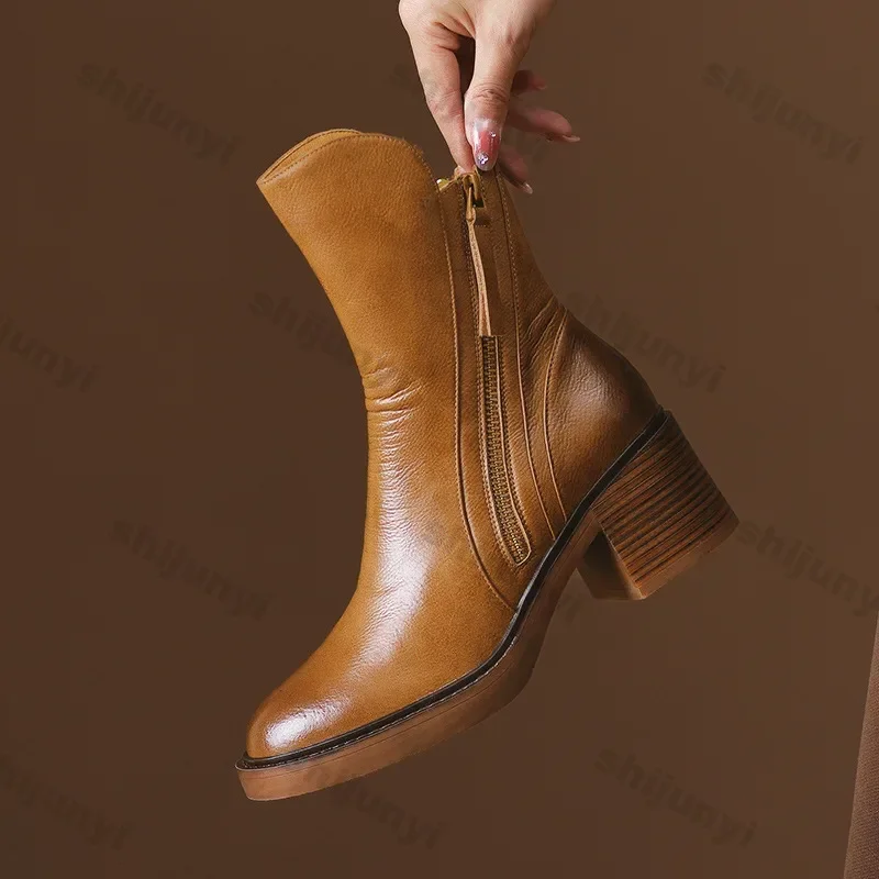 Women\'s Platform Chelsea Boots New Round Toe Chunky Heel Women Brown Ankle Boots Outdoor High Heel Leather Boots Zapatos Mujer