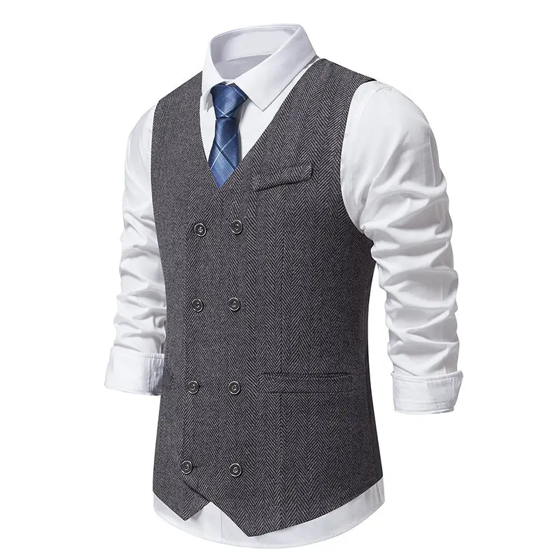 New Suit Vests Men Vintage Double Breasted Smart Casual Waistcoat Mens Sleeveless Formal Dress Wedding Slim V Neck Suit Vest