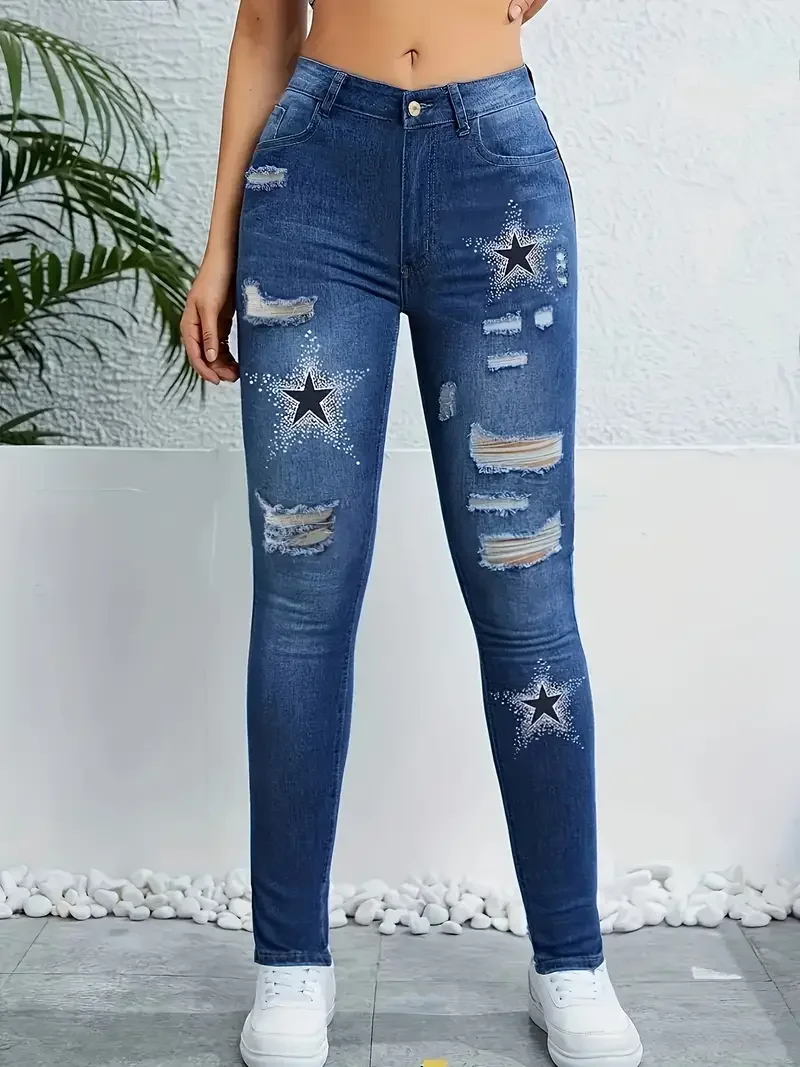 Star Pattern Printed Washed Hole Women\'s High Waisted Stretch Denim Skinny Trousers Fashionable Women\'s Denim Work Clothes