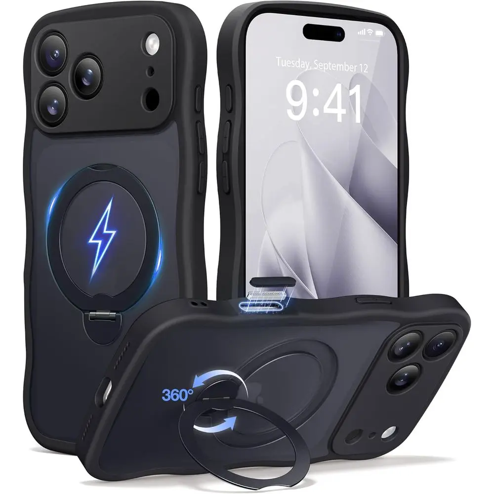 

Magnetic 360° Rotating Stand Case for Women - Full Camera Coverage, Cute Wave Pattern, Matte Finish for iPhone 17 Pro Max, Black