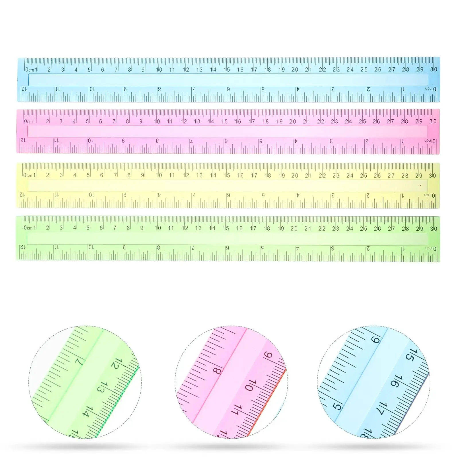 Colored Transparent Ruler 16 Pcs Plastic Straight 12 Inch Measuring Tools for School Students Drawing Rulers Stationery