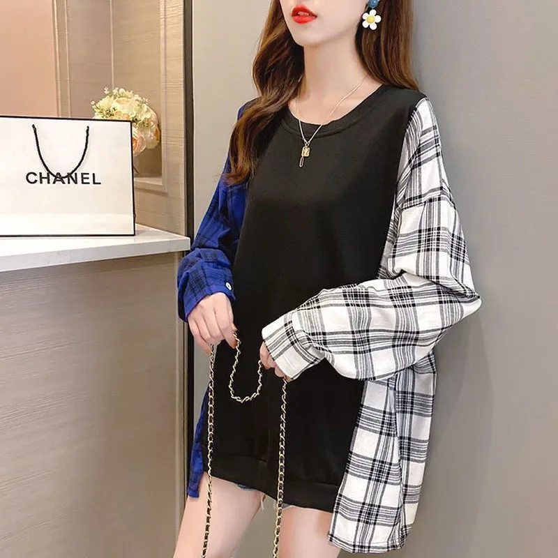 New Autumn Fashion Trend Patchwork Shirt with Round Neck, Loose and Versatile, Stylish and Slim Women\'s Long Sleeved Sweater