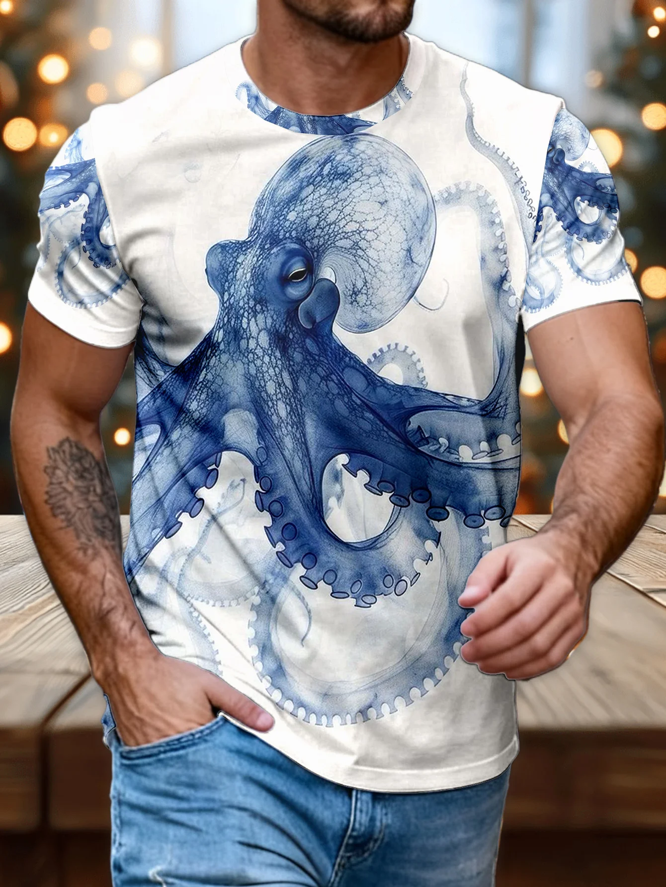 Men's Ink Wash Blue Octopus Full Print T-Shirt Watercolor Marine Animal Casual Crew Neck Tee