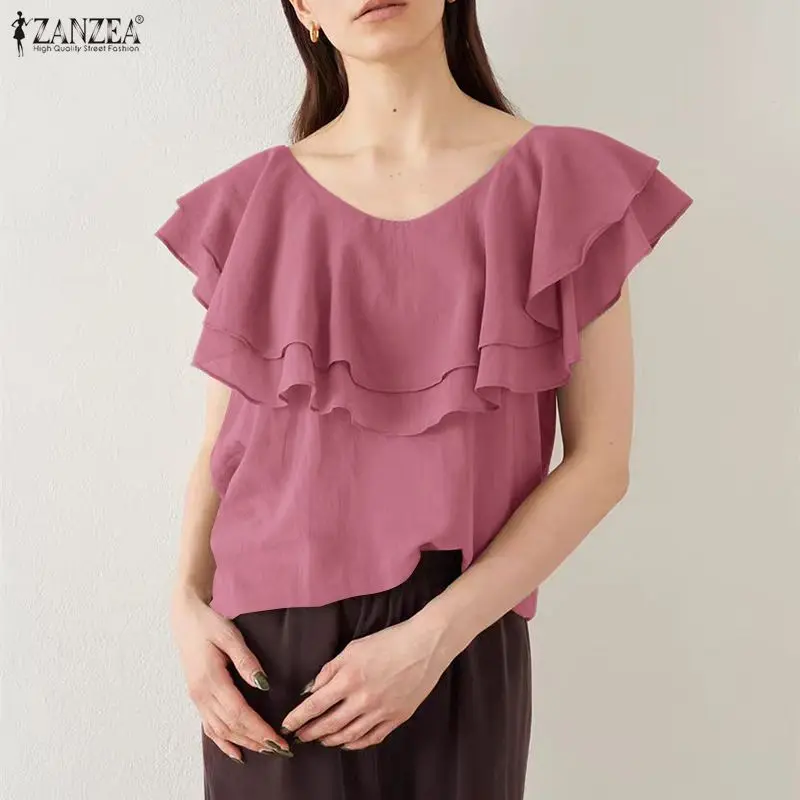 ZANZEA mode chemisier à volants femmes manches courtes col rond décontracté solide chemises 2026 élégant hauts ample élégant bureau dame OL tunique