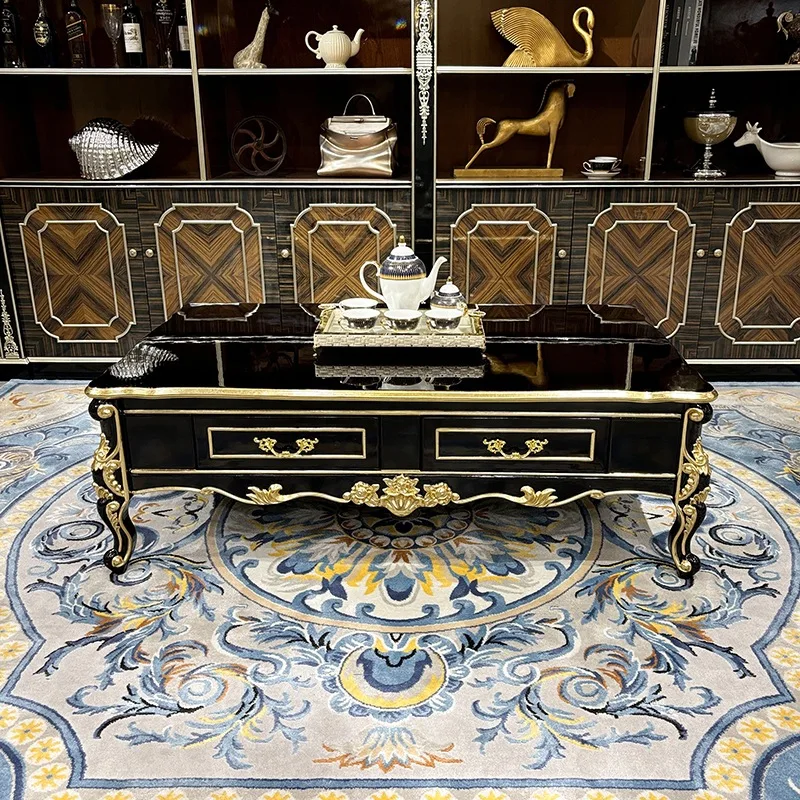 

French solid wood large coffee table European rectangular solid wood carving double-layer tea table