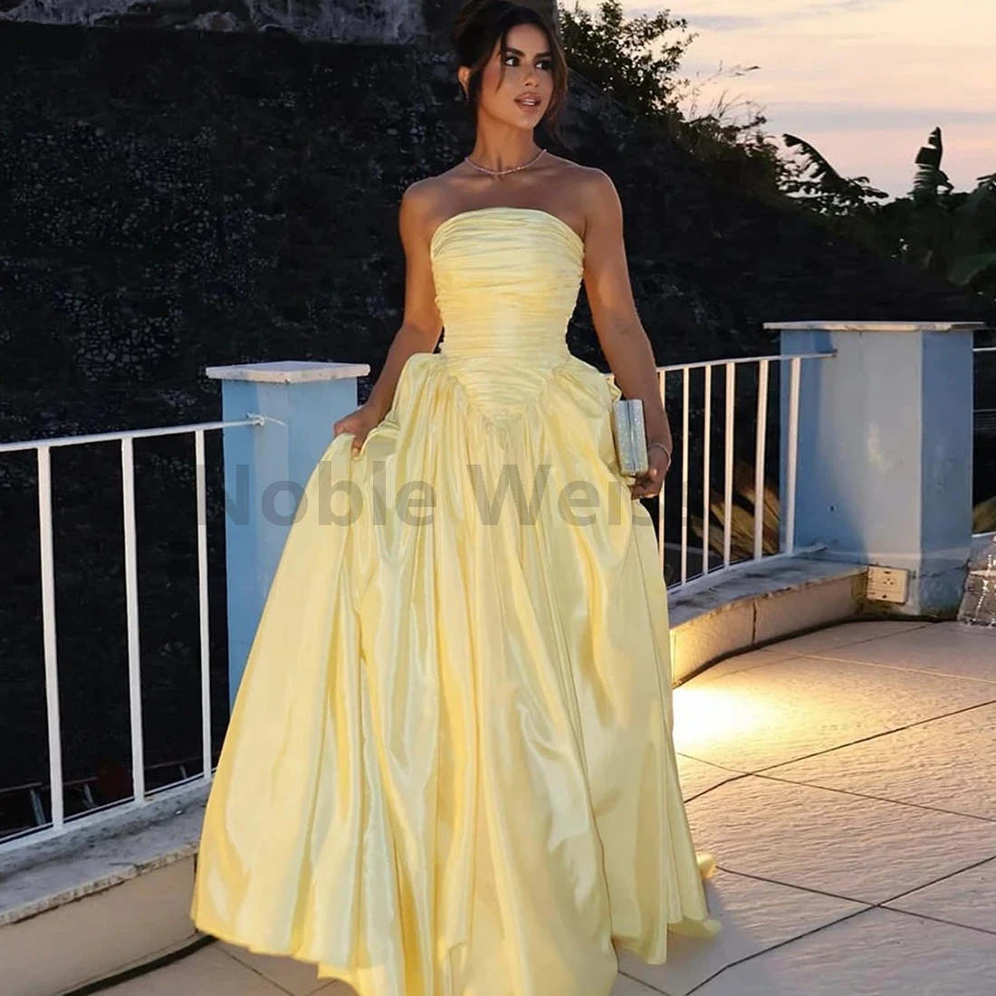 

Elegant A-Line Strapless Evening Dresses Draped Pleated Prom Gowns Party Dress Customized