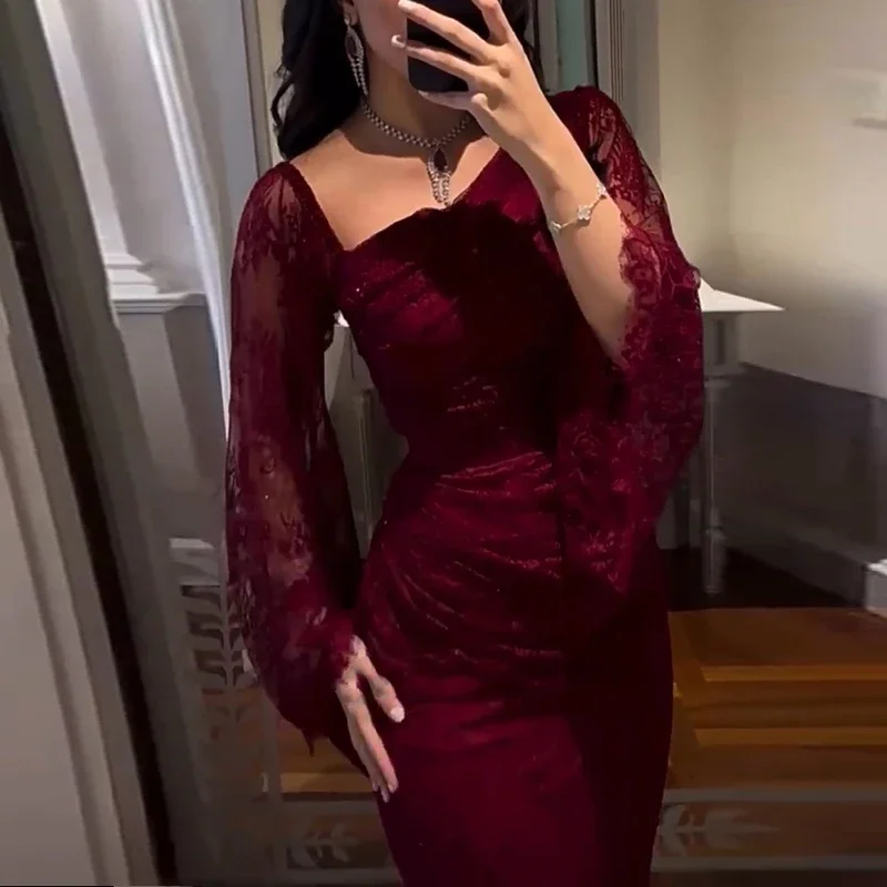 

Elegant Temperament Long Sleeved Dress Lace Slim Fit Women's Party Dress Fall Asymmetrical High Waist Draped Banquet Dress Mujer