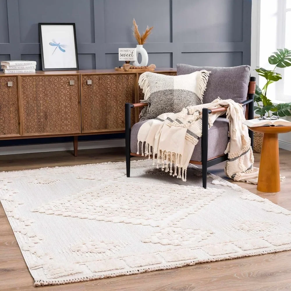 Rosales Farmhouse Living Room Bedroom Modern Moroccan Medallion Area Rug - Soft Shaggy High Low Carpet - High Pile - Bohemian