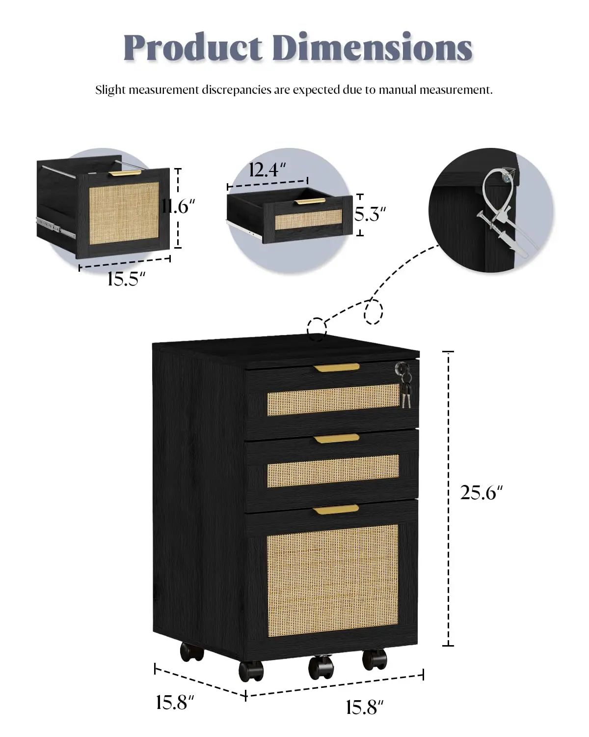 3 Drawer Lateral File Cabinet with Lock, Fits Letter & A4 Size, Under Desk Wood Printer Stand for Home Office, Black, Customized
