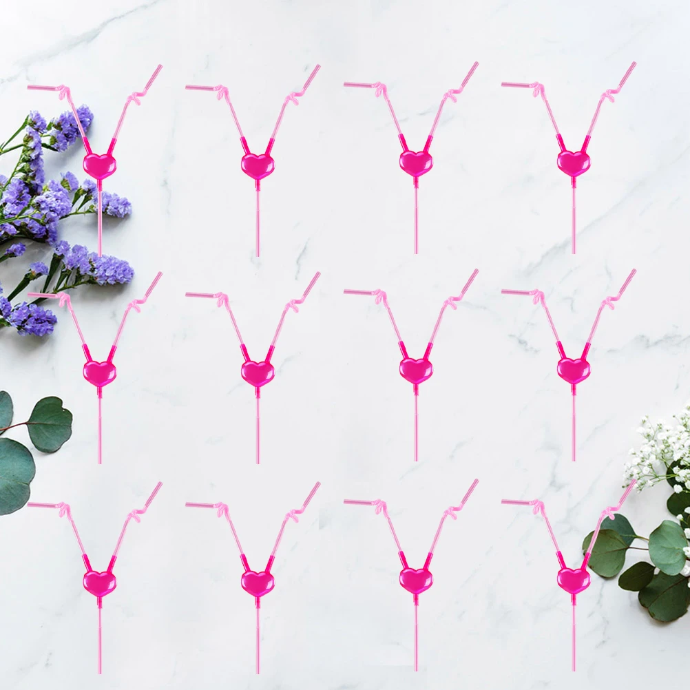 

12pcs Love Heart Couple Straws Lightweight Disposable Party Drinking Tubes For Beach Halloween Cosplay Dual Mouth Pipette Set