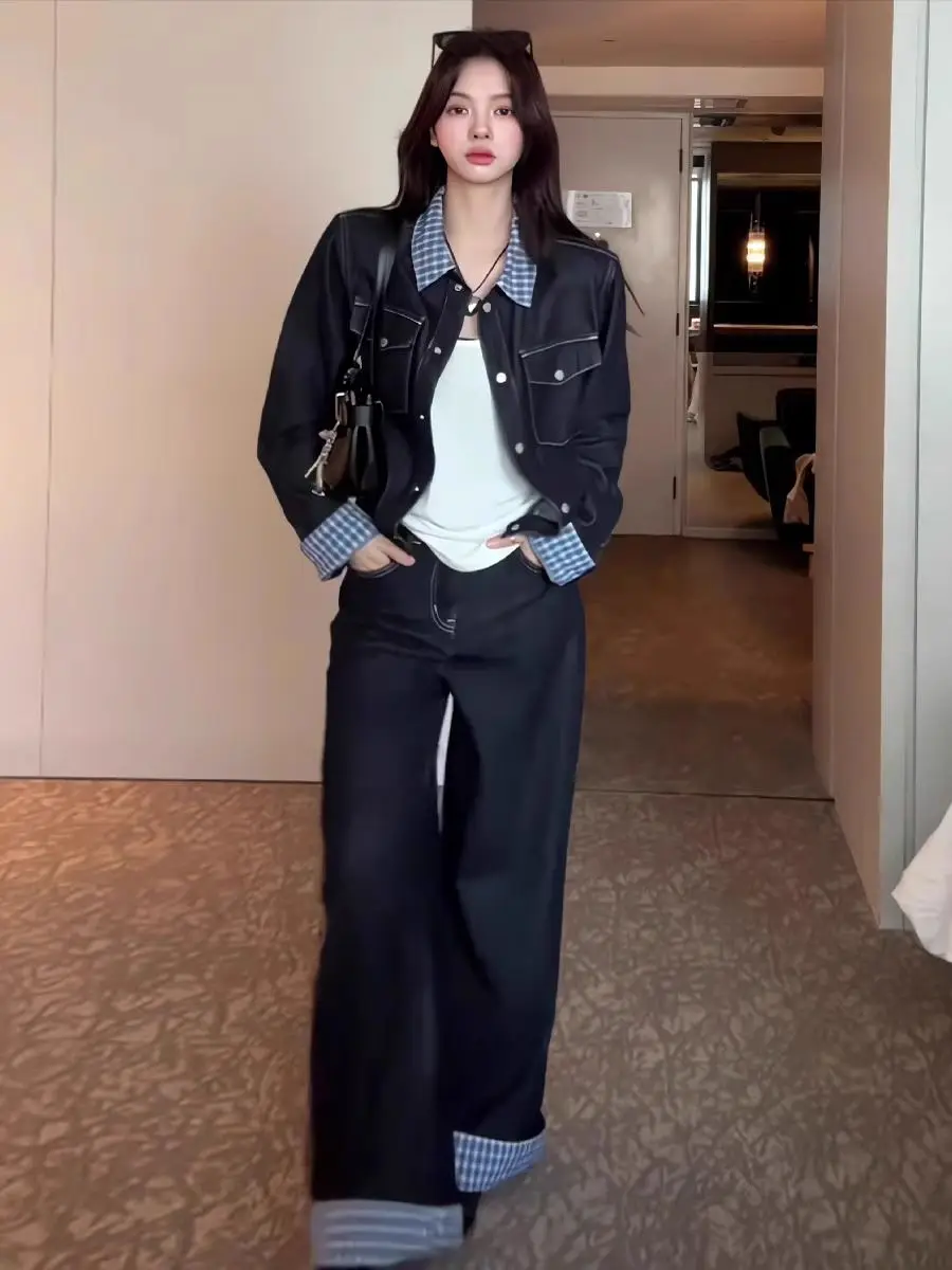 ผู้หญิงวินเทจลายสก๊อต DENIM แจ็คเก็ต-Distressed Blue Utility Coat ฤดูใบไม้ผลิฤดูใบไม้ร่วง Casual Layering Essentia Matching กางเกง